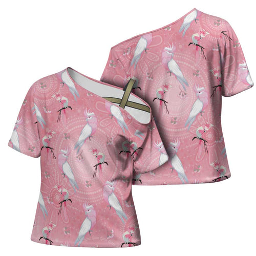 Galah and Gumblossoms Australia Cross Shoulder Shirt Seamless Style Aboriginal Art - Aussie Hoodie