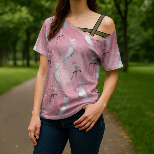 Galah and Gumblossoms Australia Cross Shoulder Shirt Seamless Style Aboriginal Art - Aussie Hoodie