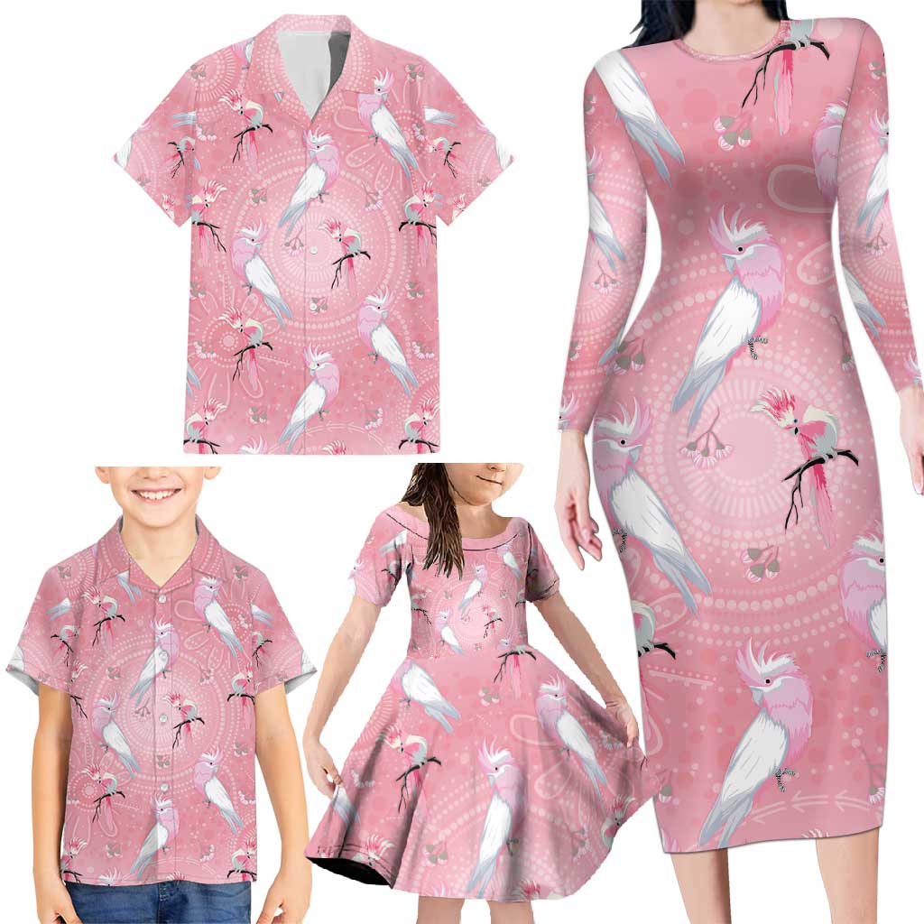 Galah and Gumblossoms Australia Family Matching Long Sleeve Bodycon Dress and Hawaiian Shirt Seamless Style Aboriginal Art