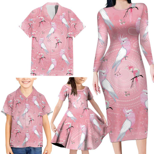 Galah and Gumblossoms Australia Family Matching Long Sleeve Bodycon Dress and Hawaiian Shirt Seamless Style Aboriginal Art