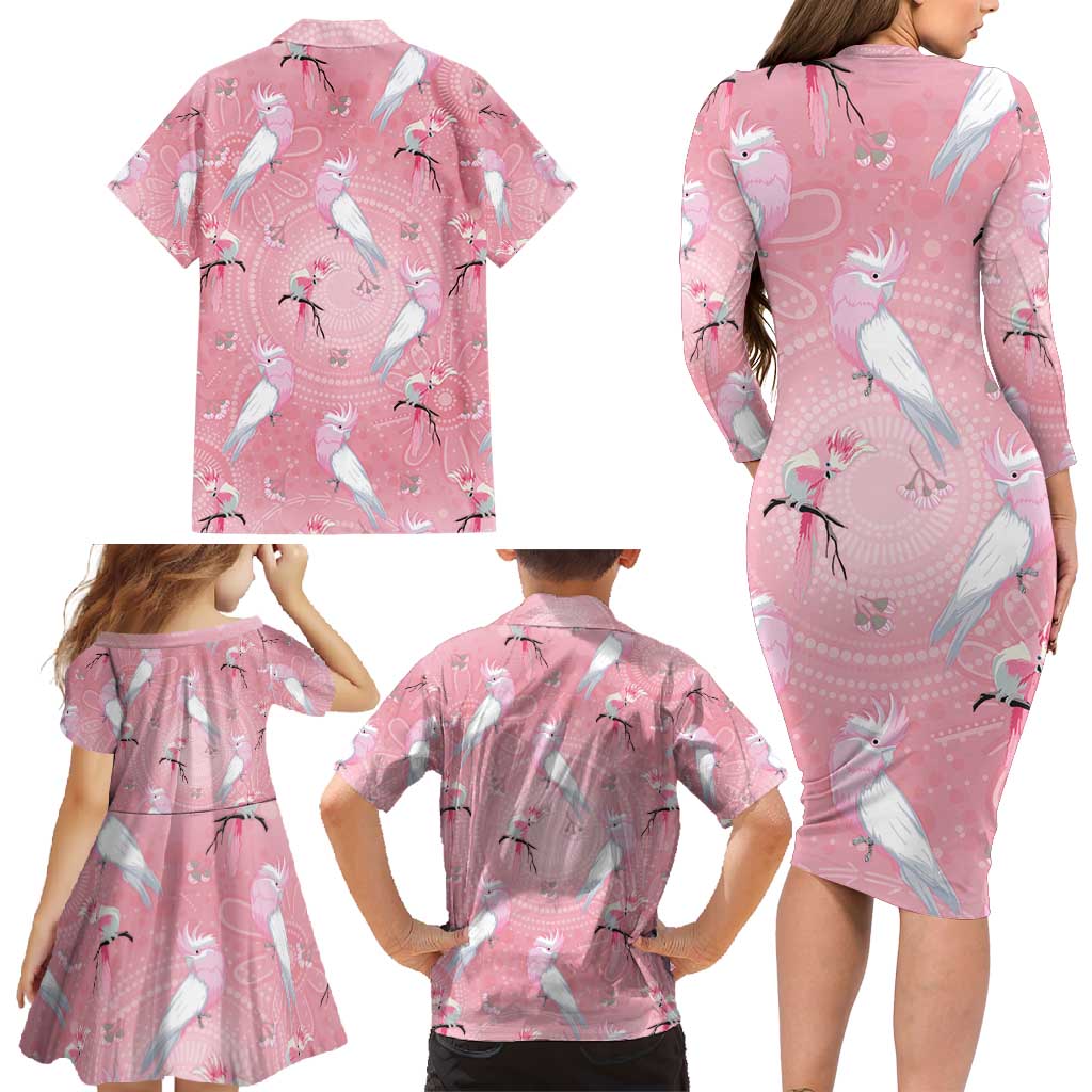 Galah and Gumblossoms Australia Family Matching Long Sleeve Bodycon Dress and Hawaiian Shirt Seamless Style Aboriginal Art