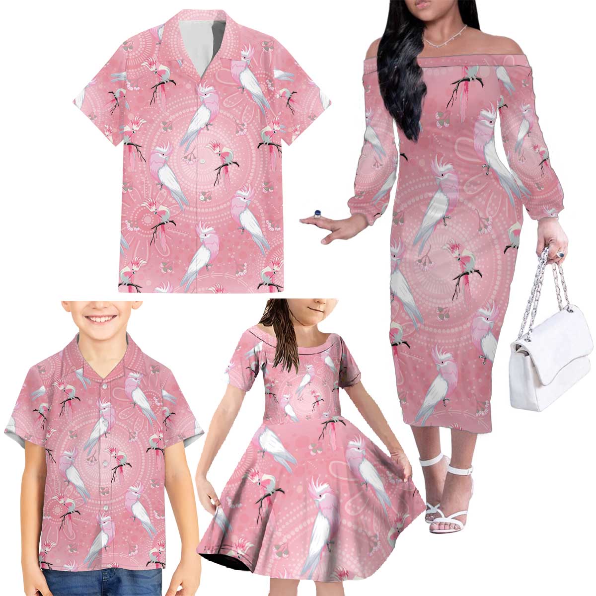 Galah and Gumblossoms Australia Family Matching Off The Shoulder Long Sleeve Dress and Hawaiian Shirt Seamless Style Aboriginal Art