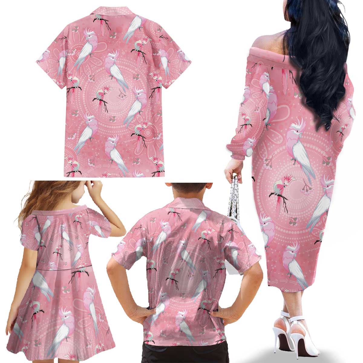 Galah and Gumblossoms Australia Family Matching Off The Shoulder Long Sleeve Dress and Hawaiian Shirt Seamless Style Aboriginal Art