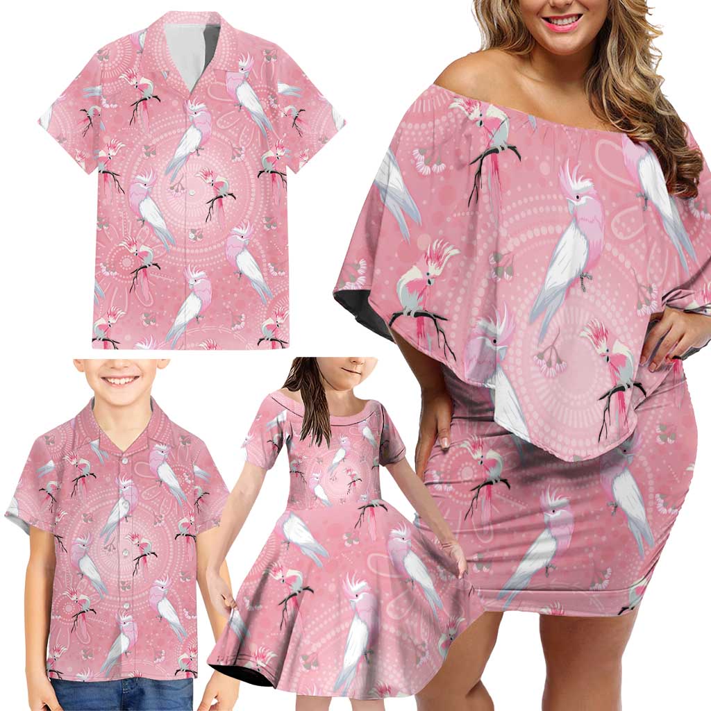 Galah and Gumblossoms Australia Family Matching Off Shoulder Short Dress and Hawaiian Shirt Seamless Style Aboriginal Art