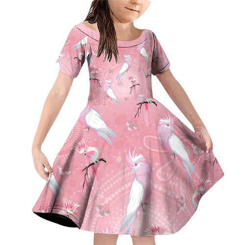 Galah and Gumblossoms Australia Family Matching Off Shoulder Short Dress and Hawaiian Shirt Seamless Style Aboriginal Art