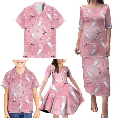 Galah and Gumblossoms Australia Family Matching Puletasi and Hawaiian Shirt Seamless Style Aboriginal Art