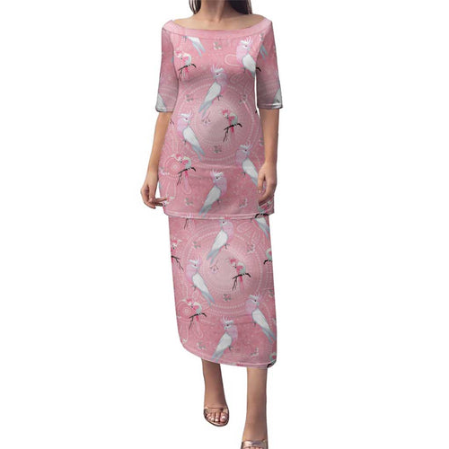 Galah and Gumblossoms Australia Family Matching Puletasi and Hawaiian Shirt Seamless Style Aboriginal Art