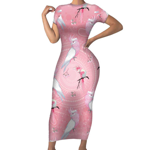Galah and Gumblossoms Australia Family Matching Short Sleeve Bodycon Dress and Hawaiian Shirt Seamless Style Aboriginal Art