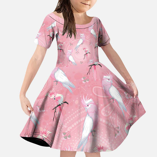 Galah and Gumblossoms Australia Kid Short Sleeve Dress Seamless Style Aboriginal Art