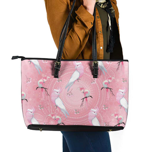 Galah and Gumblossoms Australia Leather Tote Bag Seamless Style Aboriginal Art