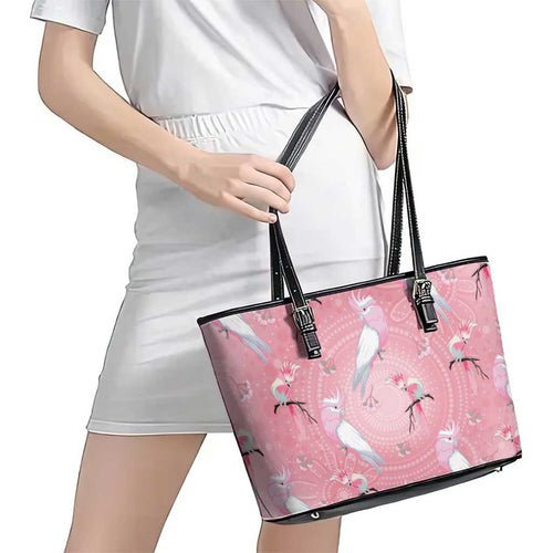 Galah and Gumblossoms Australia Leather Tote Bag Seamless Style Aboriginal Art
