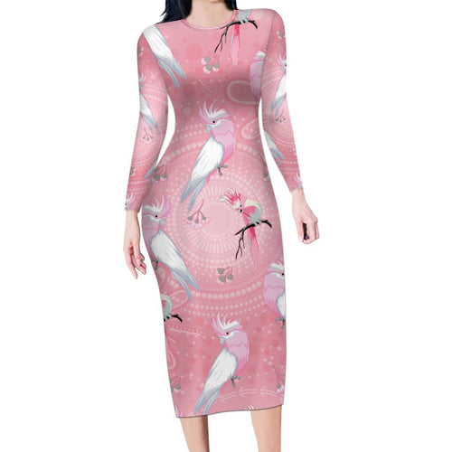 Galah and Gumblossoms Australia Long Sleeve Bodycon Dress Seamless Style Aboriginal Art