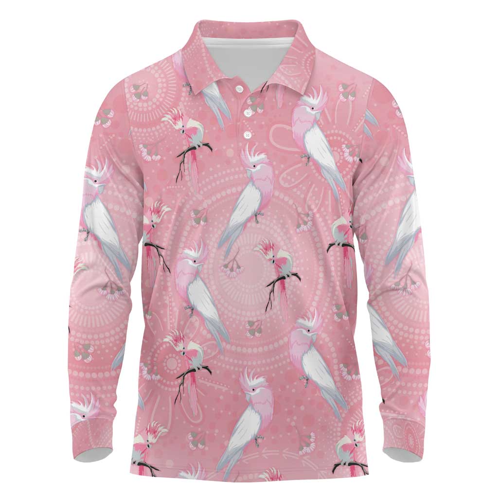 Galah and Gumblossoms Australia Long Sleeve Polo Shirt Seamless Style Aboriginal Art