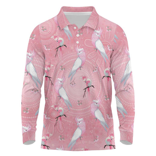 Galah and Gumblossoms Australia Long Sleeve Polo Shirt Seamless Style Aboriginal Art