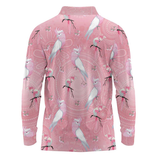 Galah and Gumblossoms Australia Long Sleeve Polo Shirt Seamless Style Aboriginal Art