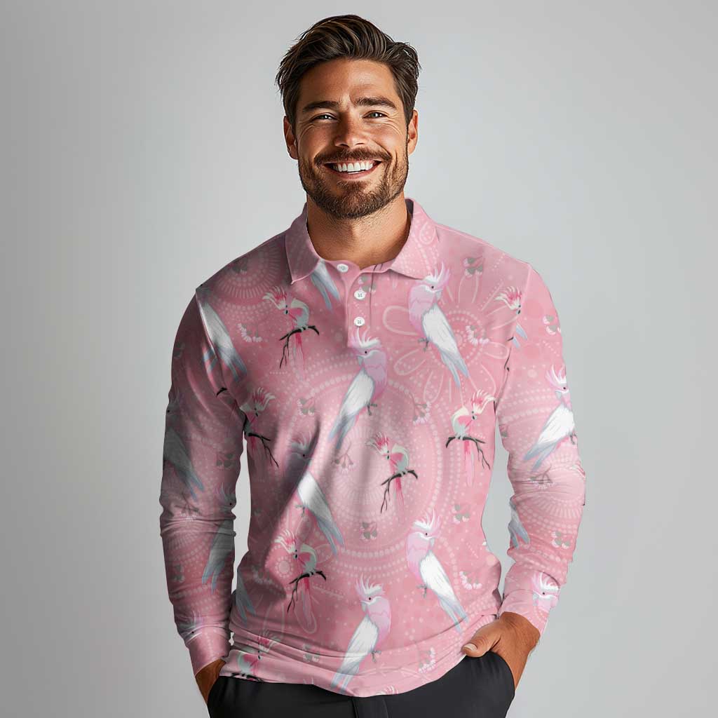 Galah and Gumblossoms Australia Long Sleeve Polo Shirt Seamless Style Aboriginal Art