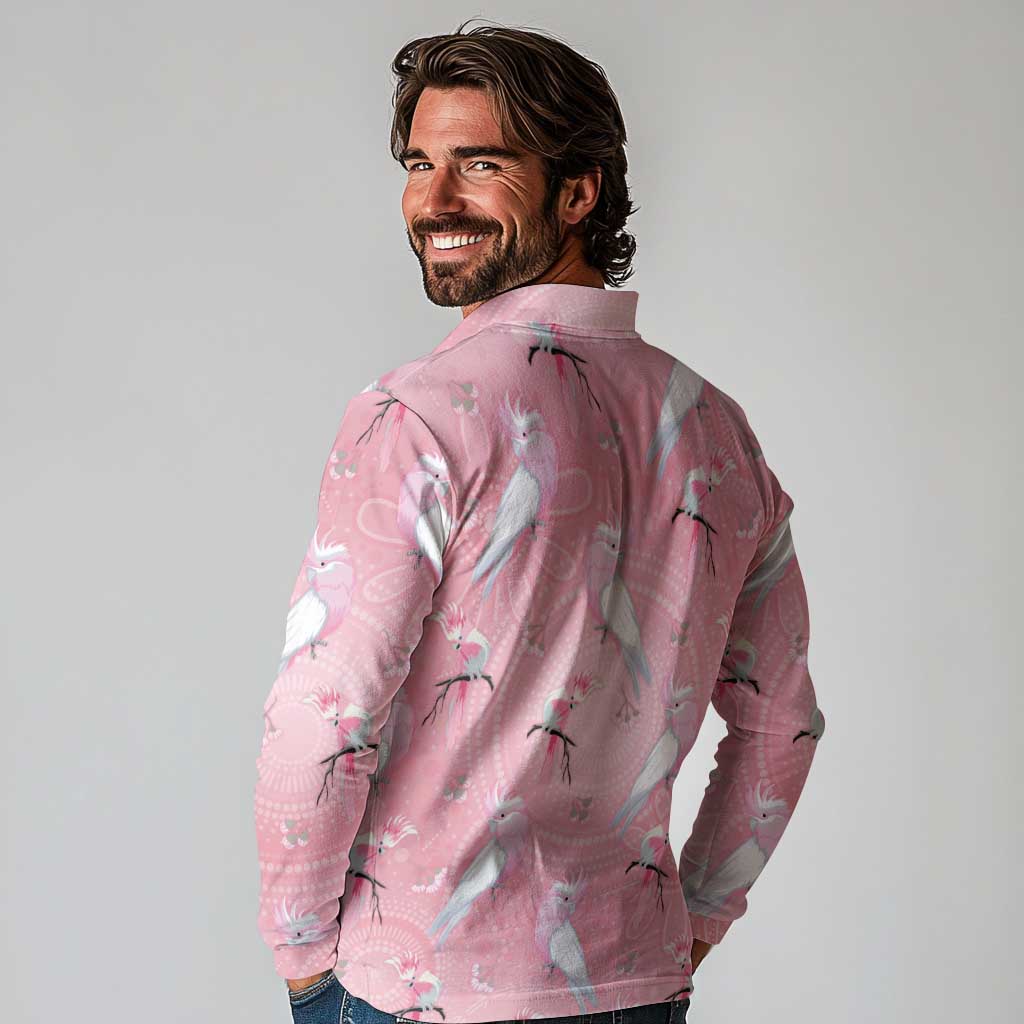 Galah and Gumblossoms Australia Long Sleeve Polo Shirt Seamless Style Aboriginal Art