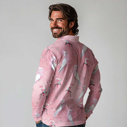 Galah and Gumblossoms Australia Long Sleeve Polo Shirt Seamless Style Aboriginal Art