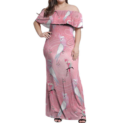 Galah and Gumblossoms Australia Off Shoulder Maxi Dress Seamless Style Aboriginal Art
