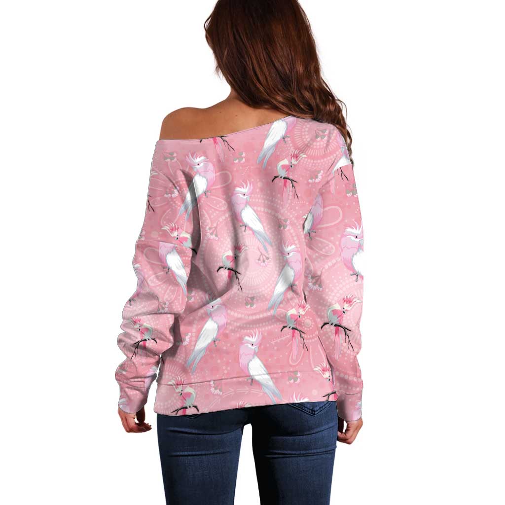 Galah and Gumblossoms Australia Off Shoulder Sweater Seamless Style Aboriginal Art