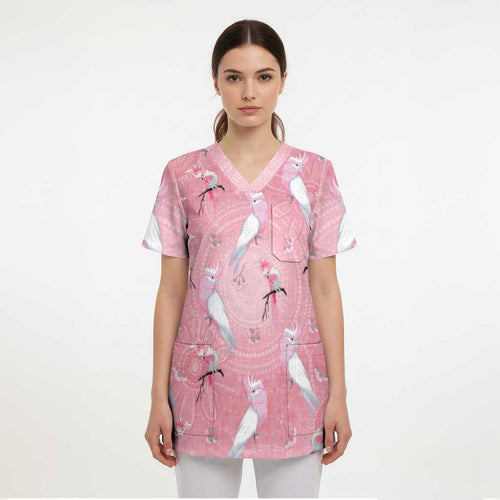 Galah and Gumblossoms Australia Scrub Top Seamless Style Aboriginal Art - Aussie Hoodie