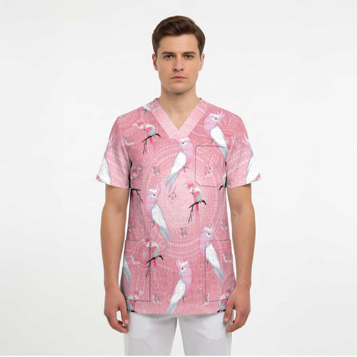 Galah and Gumblossoms Australia Scrub Top Seamless Style Aboriginal Art - Aussie Hoodie