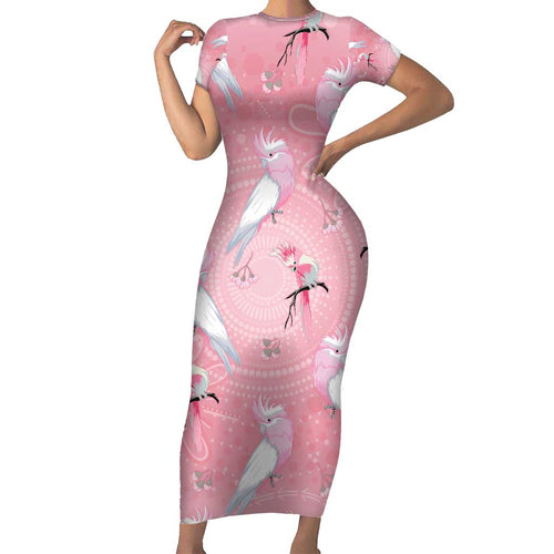 Galah and Gumblossoms Australia Short Sleeve Bodycon Dress Seamless Style Aboriginal Art