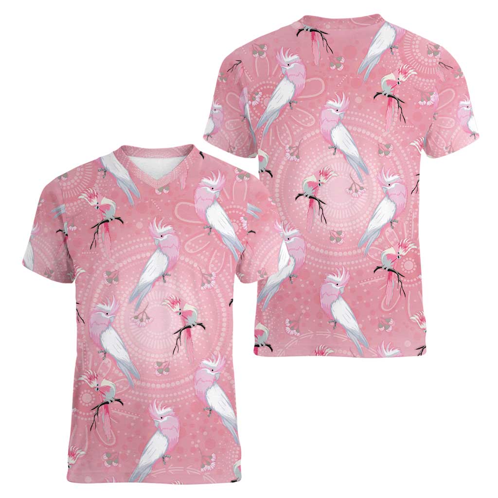 Galah and Gumblossoms Australia Women V-Neck T-Shirt Seamless Style Aboriginal Art