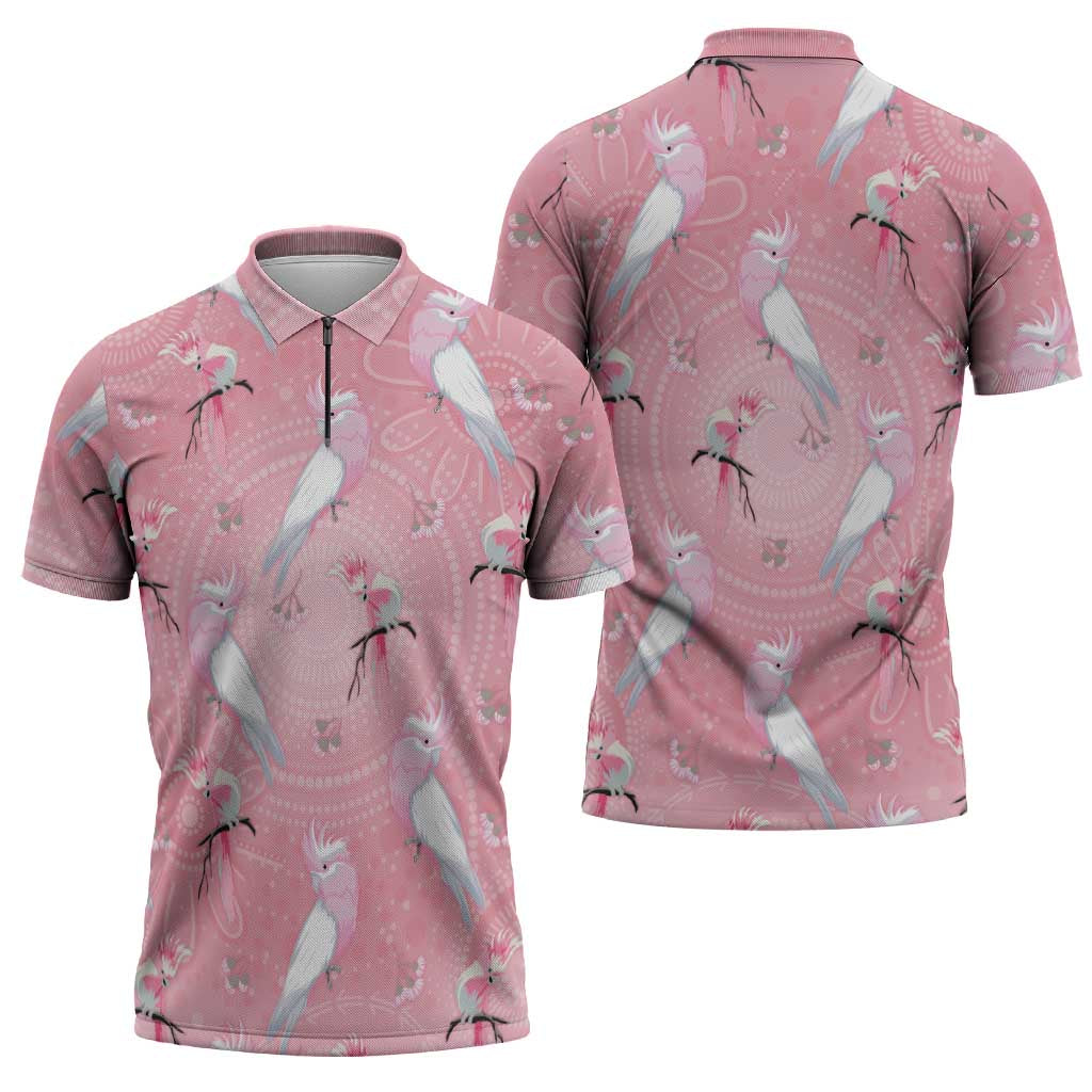 Galah and Gumblossoms Australia Zipper Polo Shirt Seamless Style Aboriginal Art - Aussie Hoodie