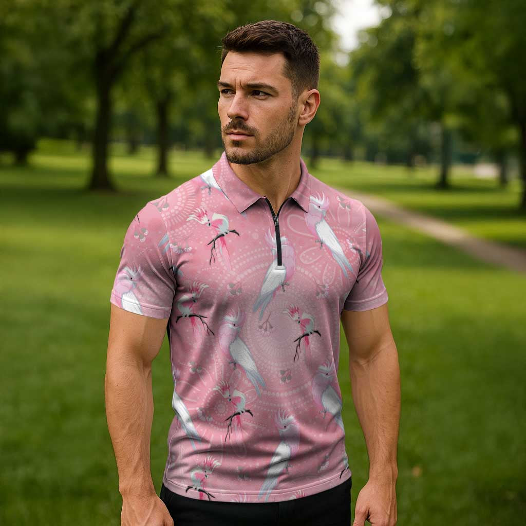 Galah and Gumblossoms Australia Zipper Polo Shirt Seamless Style Aboriginal Art - Aussie Hoodie