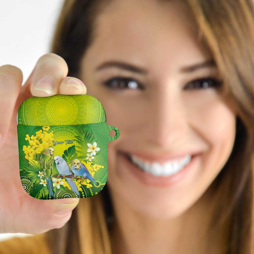 Personalised Budgerigar Australia and Golden Wattle AirPods Case Budgie Aboriginal Art - Aussie Hoodie
