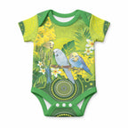 Personalised Budgerigar Australia and Golden Wattle Baby Onesie Budgie Aboriginal Art