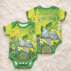 Personalised Budgerigar Australia and Golden Wattle Baby Onesie Budgie Aboriginal Art