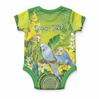 Personalised Budgerigar Australia and Golden Wattle Baby Onesie Budgie Aboriginal Art