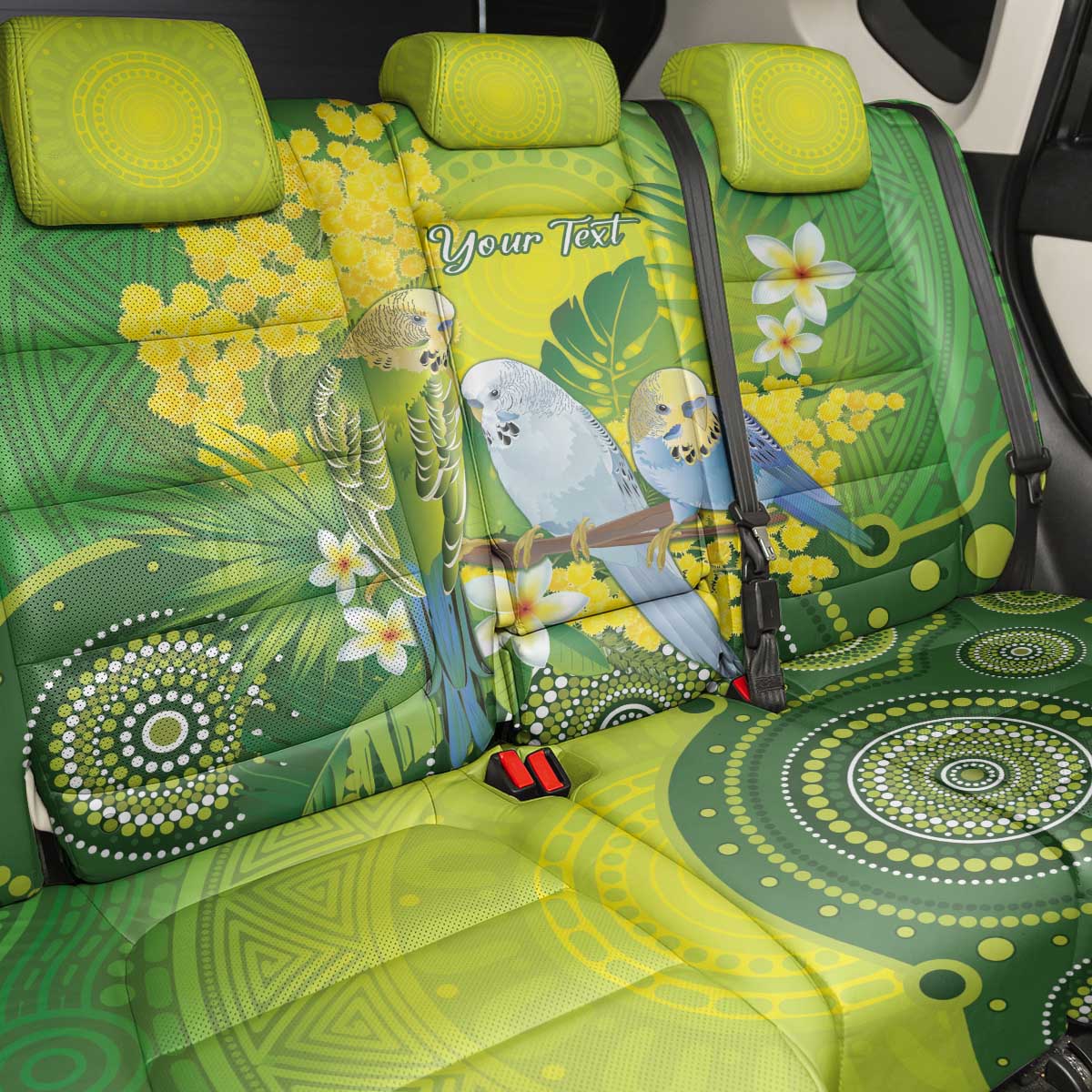 Personalised Budgerigar Australia and Golden Wattle Back Car Seat Cover Budgie Aboriginal Art