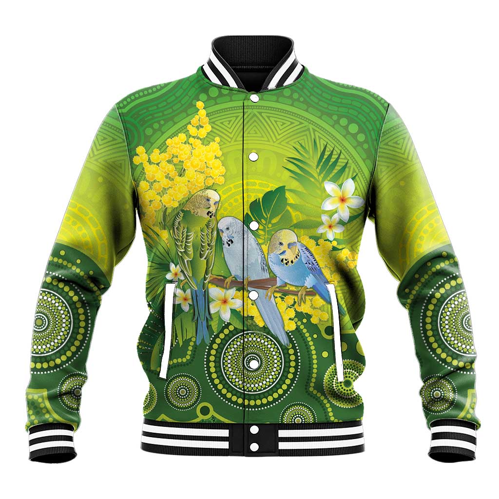 Personalised Budgerigar Australia and Golden Wattle Baseball Jacket Budgie Aboriginal Art