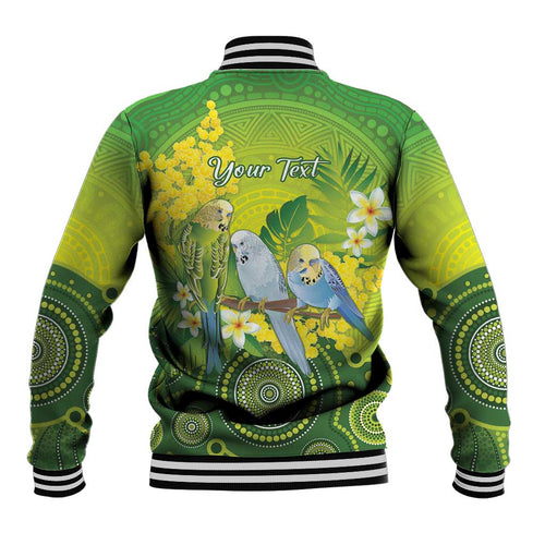 Personalised Budgerigar Australia and Golden Wattle Baseball Jacket Budgie Aboriginal Art