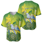 Personalised Budgerigar Australia and Golden Wattle Baseball Jersey Budgie Aboriginal Art