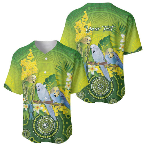 Personalised Budgerigar Australia and Golden Wattle Baseball Jersey Budgie Aboriginal Art
