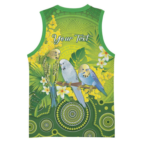 Personalised Budgerigar Australia and Golden Wattle Basketball Jersey Budgie Aboriginal Art - Aussie Hoodie