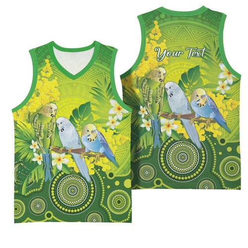 Personalised Budgerigar Australia and Golden Wattle Basketball Jersey Budgie Aboriginal Art - Aussie Hoodie