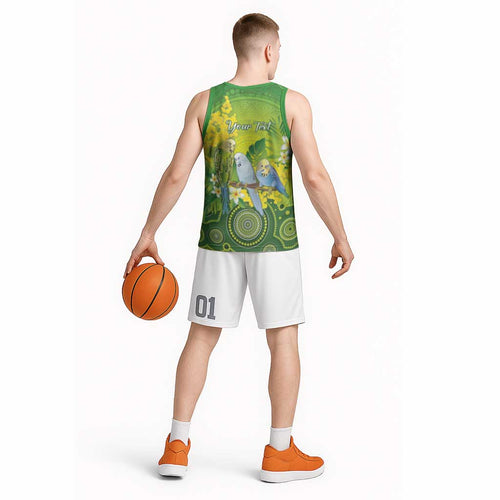 Personalised Budgerigar Australia and Golden Wattle Basketball Jersey Budgie Aboriginal Art - Aussie Hoodie