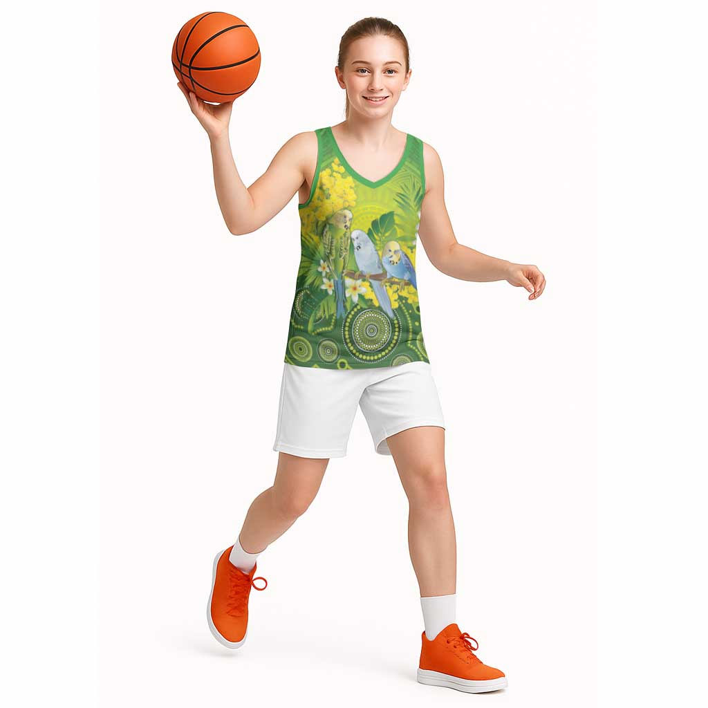 Personalised Budgerigar Australia and Golden Wattle Basketball Jersey Budgie Aboriginal Art - Aussie Hoodie