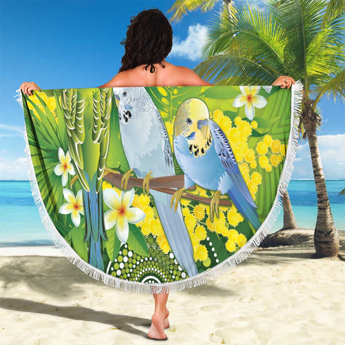 Personalised Budgerigar Australia and Golden Wattle Beach Blanket Budgie Aboriginal Art