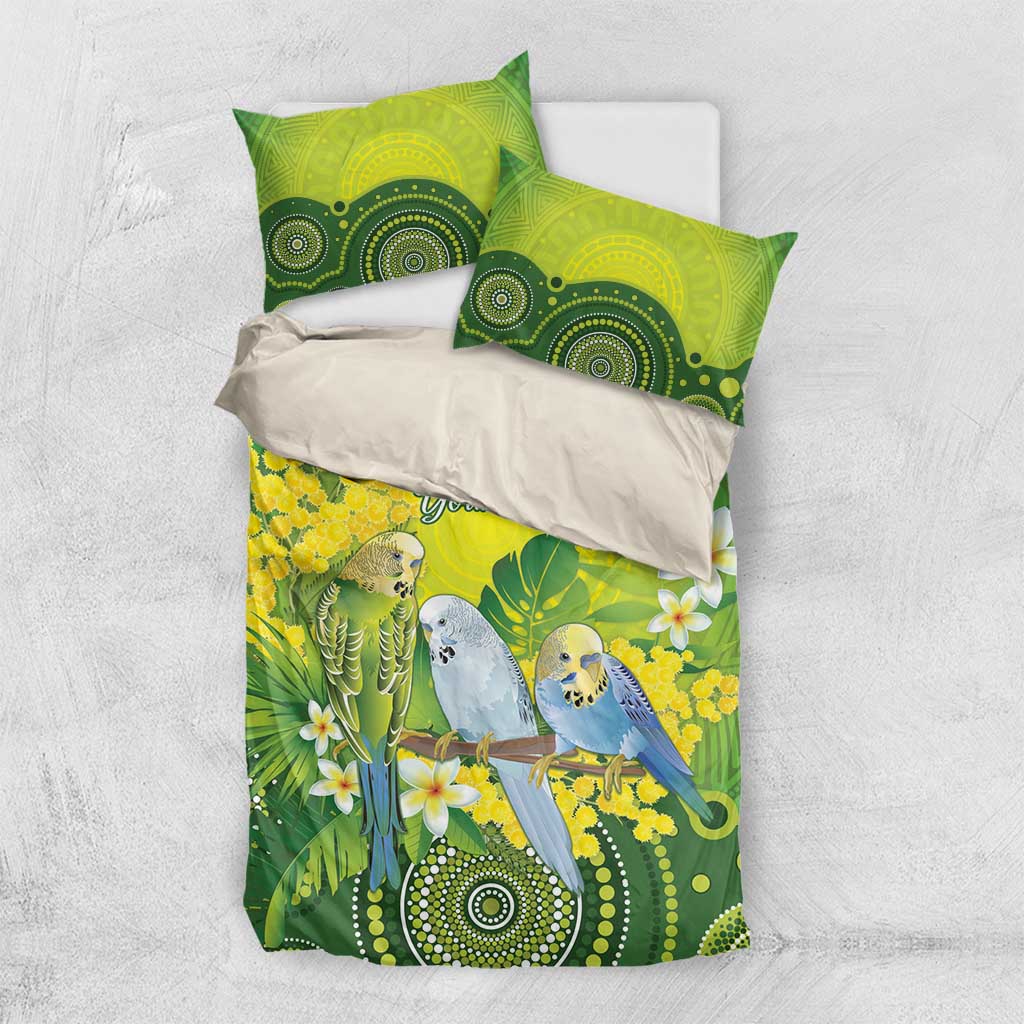 Personalised Budgerigar Australia and Golden Wattle Bedding Set Budgie Aboriginal Art