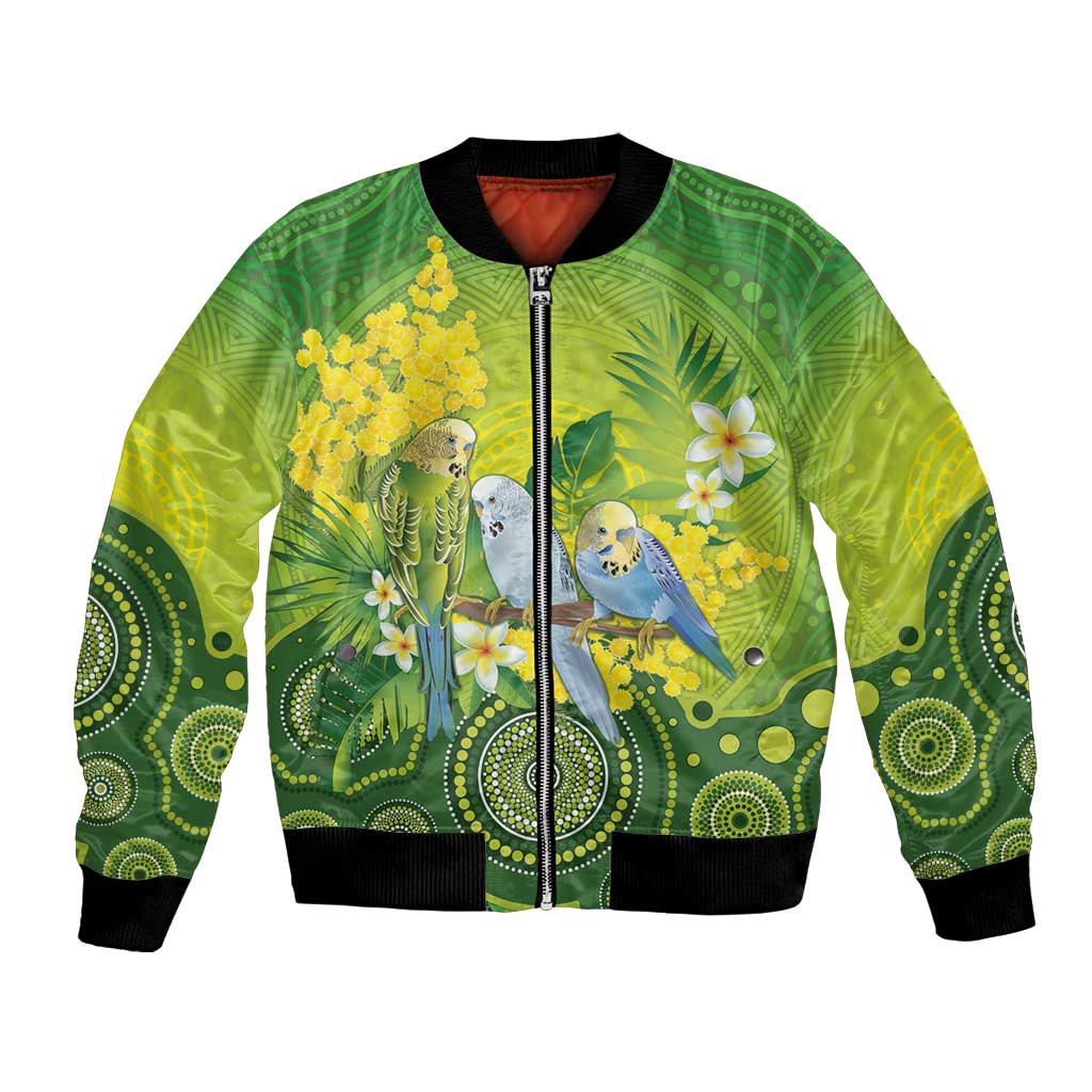 Personalised Budgerigar Australia and Golden Wattle Bomber Jacket Budgie Aboriginal Art