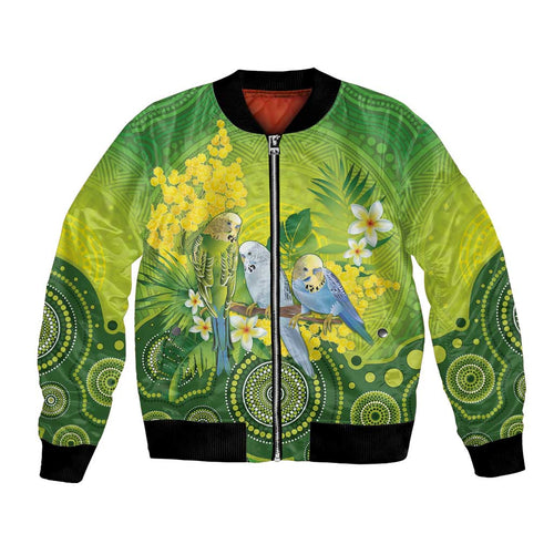 Personalised Budgerigar Australia and Golden Wattle Bomber Jacket Budgie Aboriginal Art