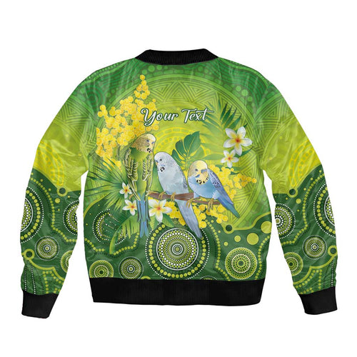 Personalised Budgerigar Australia and Golden Wattle Bomber Jacket Budgie Aboriginal Art