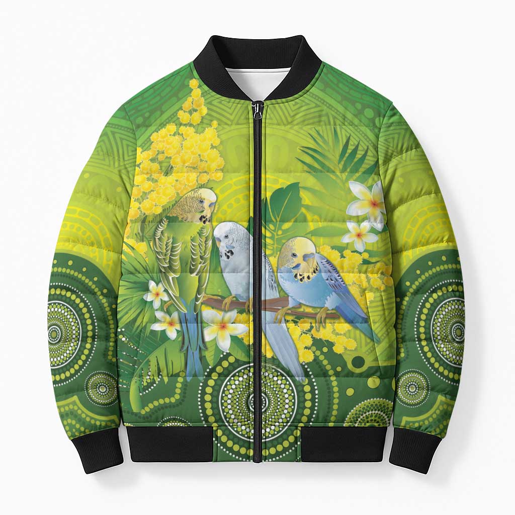 Personalised Budgerigar Australia and Golden Wattle Bomber Puffer Jacket Budgie Aboriginal Art - Aussie Hoodie