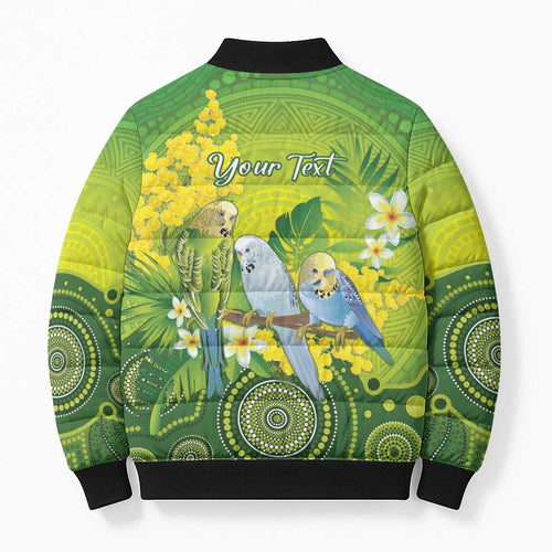 Personalised Budgerigar Australia and Golden Wattle Bomber Puffer Jacket Budgie Aboriginal Art - Aussie Hoodie